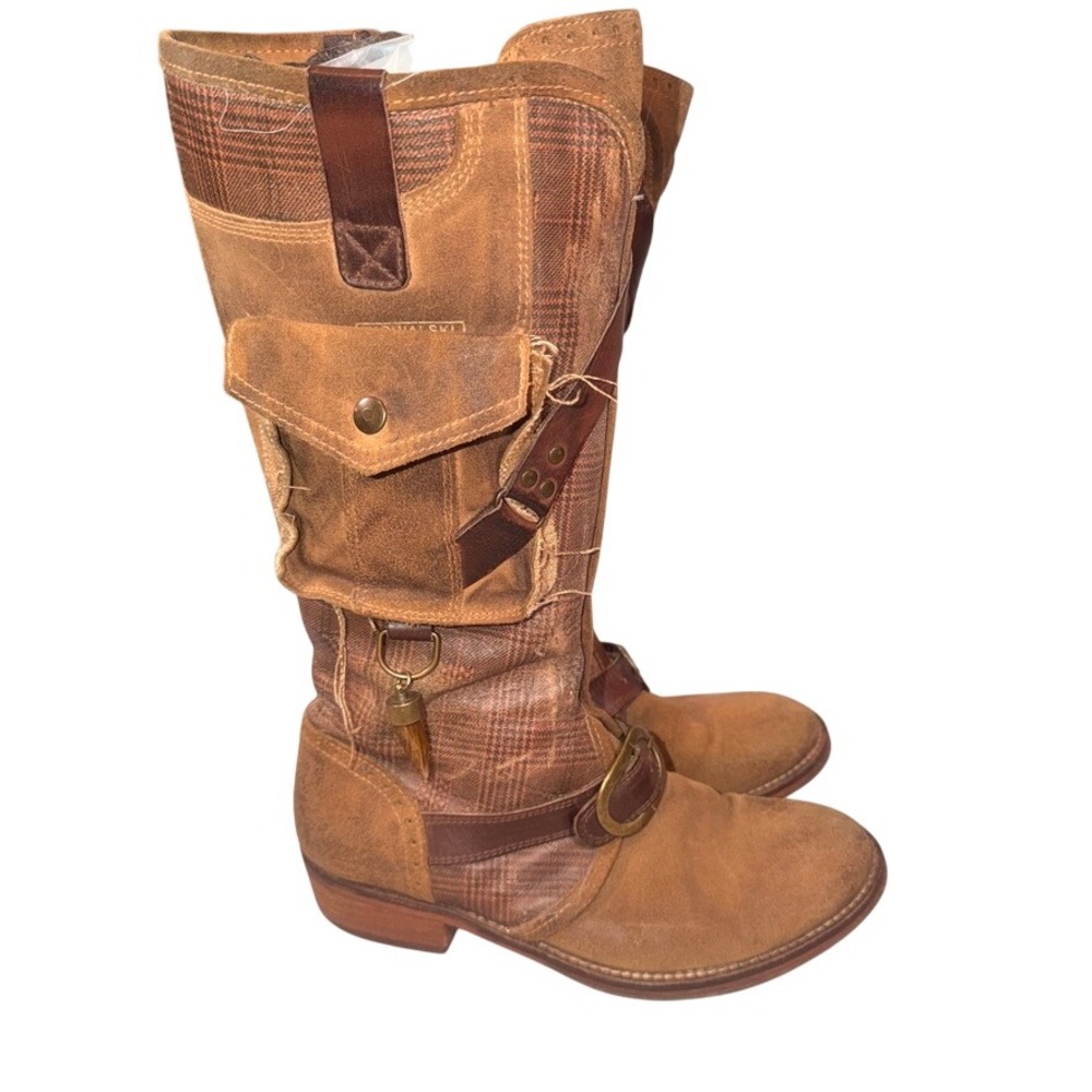 Kowalski Cargo Pocket Tall Boots Size 39 Women Brown Plaid Leather Spain